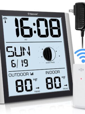 Geevon Digital Atomic Wall Clock with Moon Phase and Backlight, Silent Non-Ticking Atomic Clock with 8.8 Inch Large Display, Indoor Outdoor Temperature, Calendar for Home Office Bedroom Kitchen