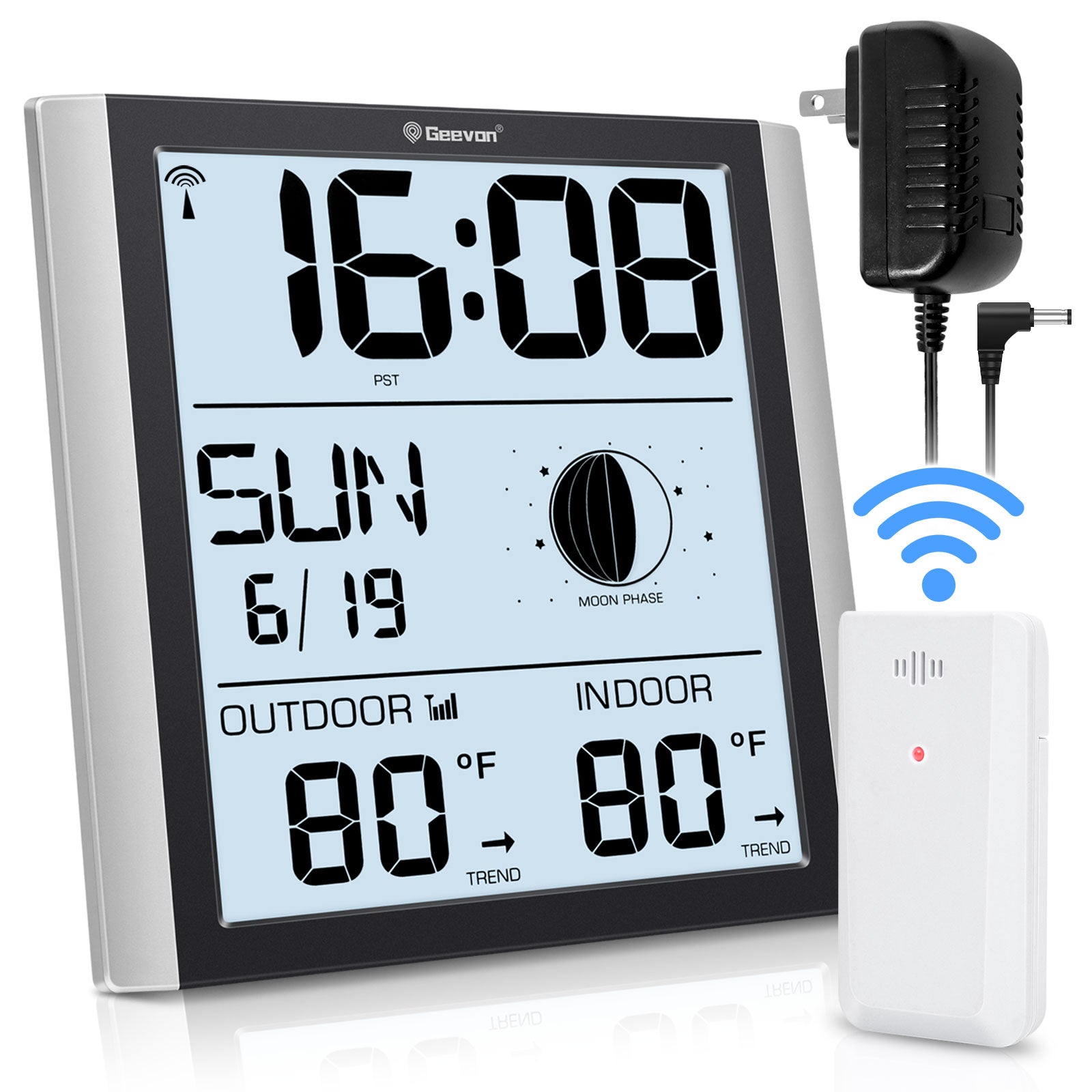 Geevon Digital Atomic Wall Clock with Moon Phase and Backlight, Silent Non-Ticking Atomic Clock with 8.8 Inch Large Display, Indoor Outdoor Temperature, Calendar for Home Office Bedroom Kitchen